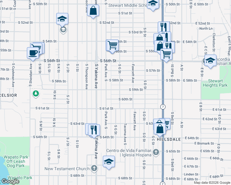 map of restaurants, bars, coffee shops, grocery stores, and more near 712 South 59th Street in Tacoma