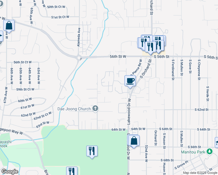 map of restaurants, bars, coffee shops, grocery stores, and more near 5718 59th Street Court West in Tacoma
