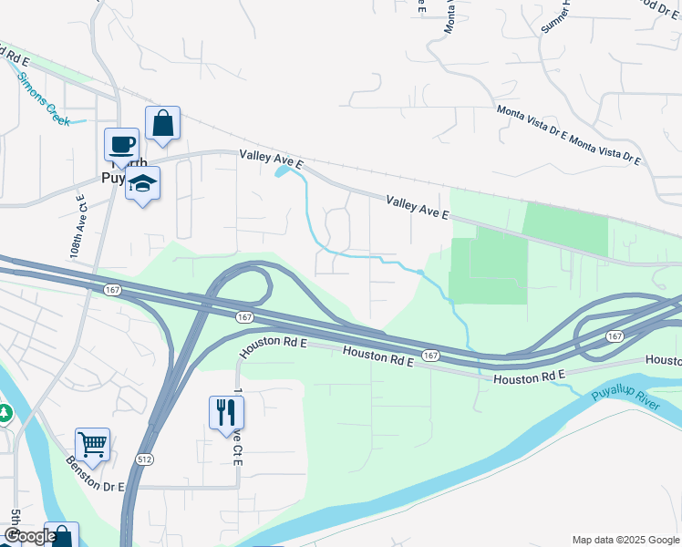 map of restaurants, bars, coffee shops, grocery stores, and more near 11812 59th Street Court East in Puyallup