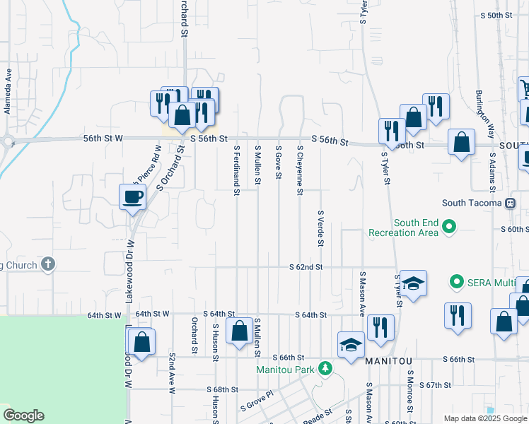 map of restaurants, bars, coffee shops, grocery stores, and more near 5819 S Mullen St in Tacoma