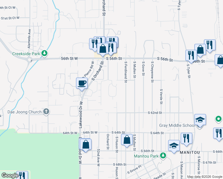map of restaurants, bars, coffee shops, grocery stores, and more near 5006 South 58th Street in Tacoma