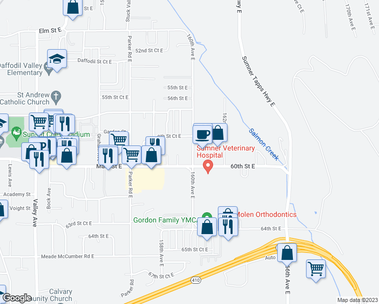 map of restaurants, bars, coffee shops, grocery stores, and more near 5902 160th Avenue East in Sumner