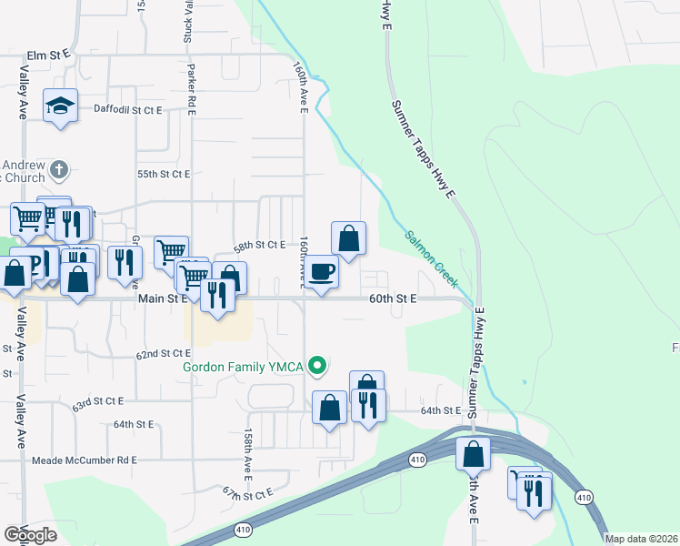 map of restaurants, bars, coffee shops, grocery stores, and more near 5816 162nd Avenue East in Sumner