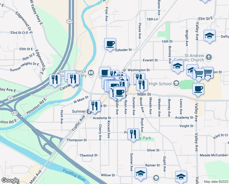 map of restaurants, bars, coffee shops, grocery stores, and more near in Sumner