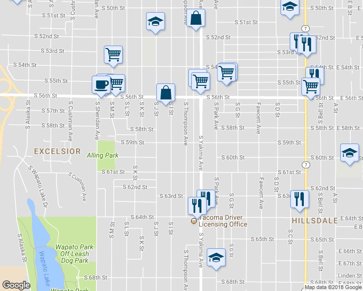 map of restaurants, bars, coffee shops, grocery stores, and more near 858 South 59th Street in Tacoma