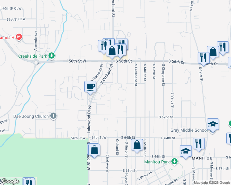 map of restaurants, bars, coffee shops, grocery stores, and more near 5034 South 58th Street in Tacoma