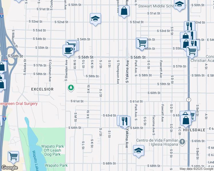 map of restaurants, bars, coffee shops, grocery stores, and more near 5902 S I St in Tacoma