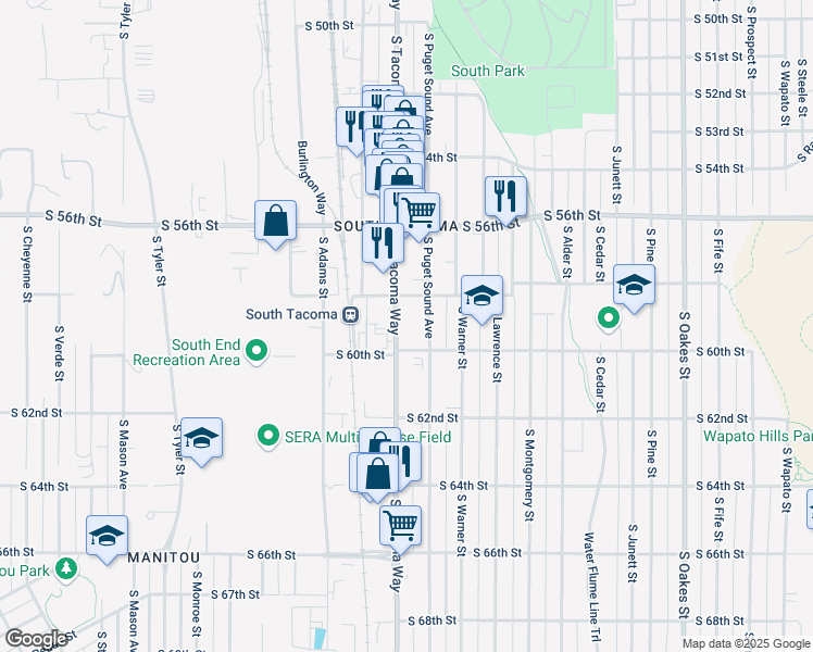 map of restaurants, bars, coffee shops, grocery stores, and more near 5820 South Tacoma Way in Tacoma