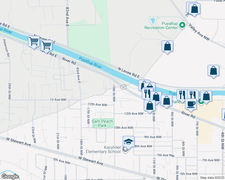 map of restaurants, bars, coffee shops, grocery stores, and more near 1404 15th Street Northwest in Puyallup
