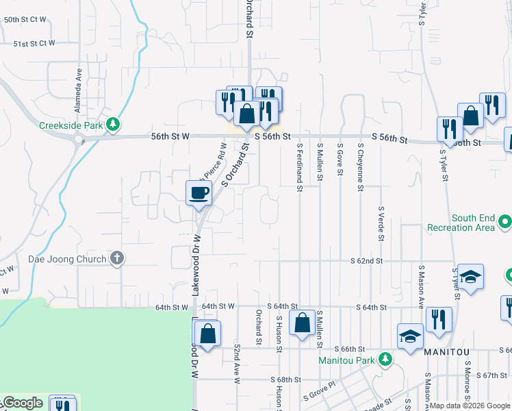 map of restaurants, bars, coffee shops, grocery stores, and more near 5034 South 58th Street in Tacoma