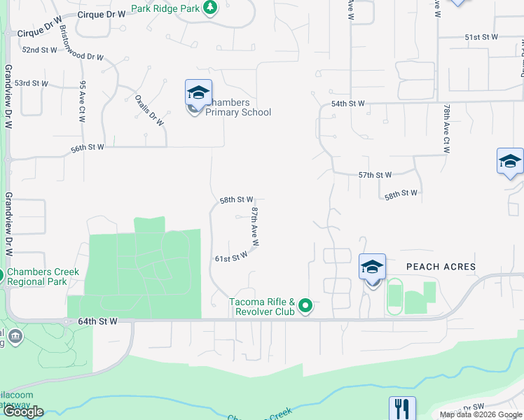 map of restaurants, bars, coffee shops, grocery stores, and more near 5807 87th Avenue West in Tacoma