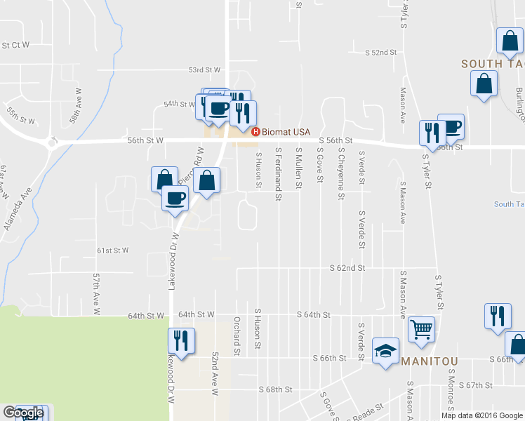 map of restaurants, bars, coffee shops, grocery stores, and more near 5006 South 58th Street in Tacoma