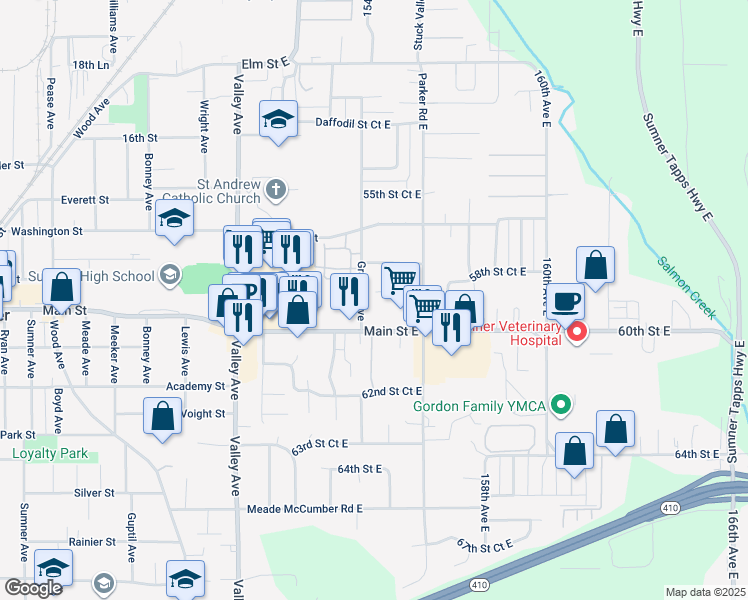 map of restaurants, bars, coffee shops, grocery stores, and more near 5820 March Lane in Sumner