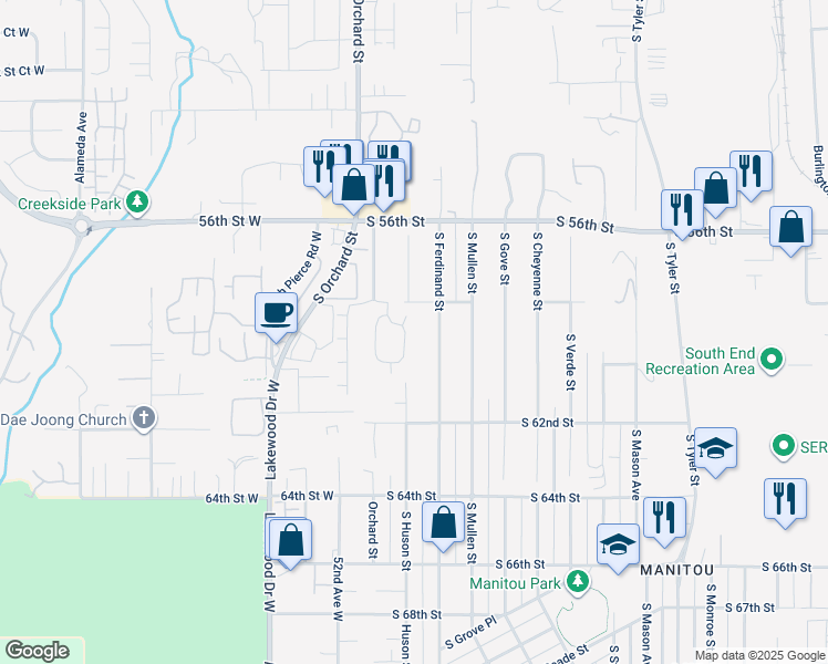 map of restaurants, bars, coffee shops, grocery stores, and more near 5006 South 58th Street in Tacoma