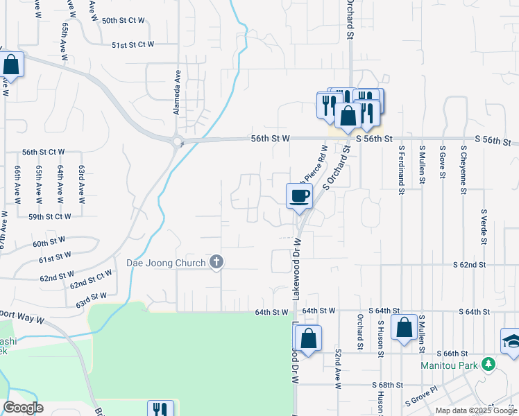 map of restaurants, bars, coffee shops, grocery stores, and more near 5718 59th Street Court West in Tacoma