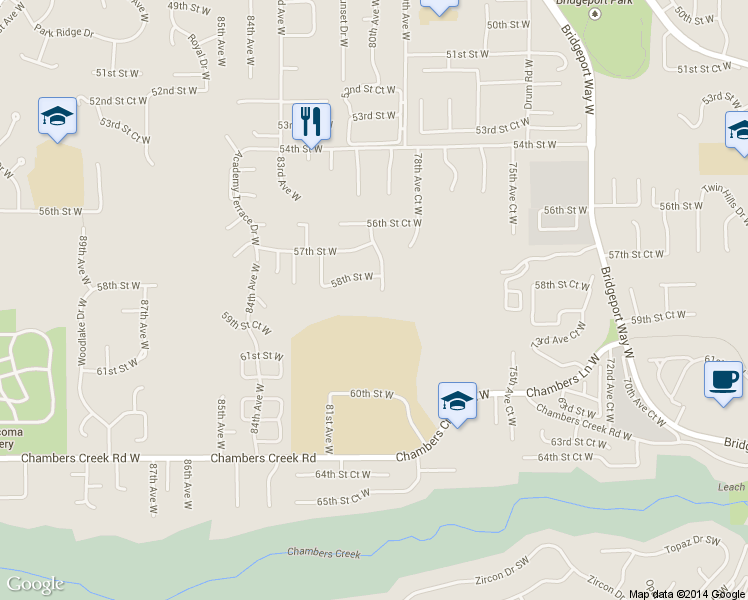 map of restaurants, bars, coffee shops, grocery stores, and more near 5810 80th Ave Ct W in Tacoma