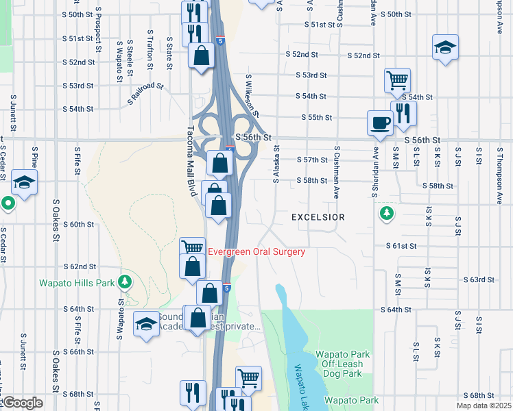 map of restaurants, bars, coffee shops, grocery stores, and more near 5901 Alaska Court in Tacoma