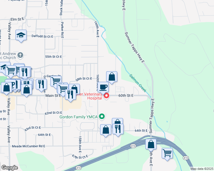 map of restaurants, bars, coffee shops, grocery stores, and more near 16009 60th Street East in Sumner