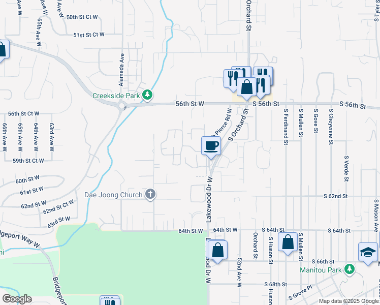 map of restaurants, bars, coffee shops, grocery stores, and more near 5924 Hannah Pierce Road West in University Place