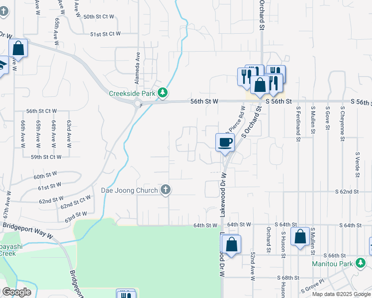 map of restaurants, bars, coffee shops, grocery stores, and more near 5913 57th Avenue West in Tacoma