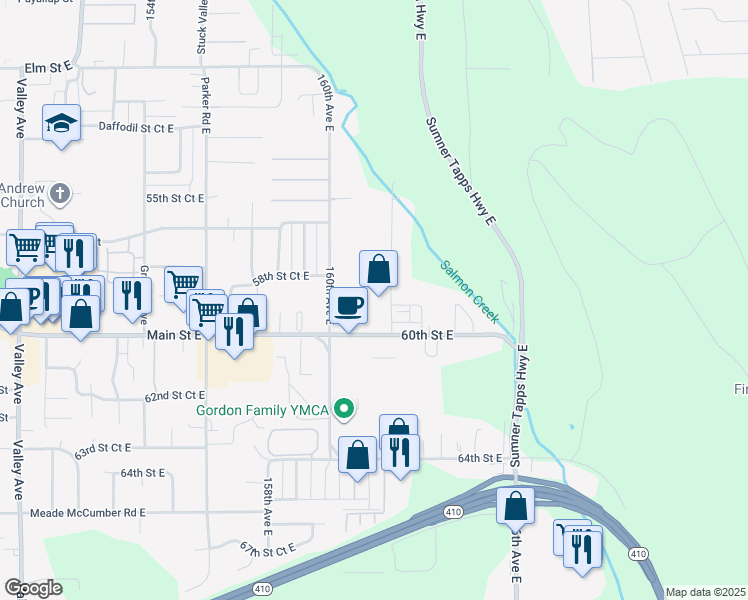 map of restaurants, bars, coffee shops, grocery stores, and more near 5908 162nd Avenue East in Sumner