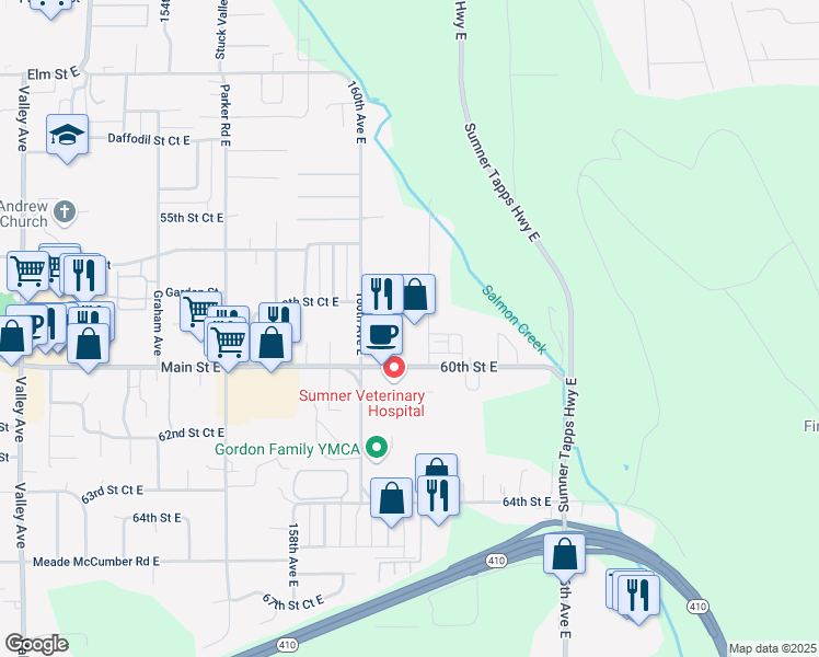 map of restaurants, bars, coffee shops, grocery stores, and more near 5816 162nd Avenue East in Sumner