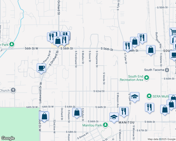 map of restaurants, bars, coffee shops, grocery stores, and more near 5819 South Mullen Street in Tacoma
