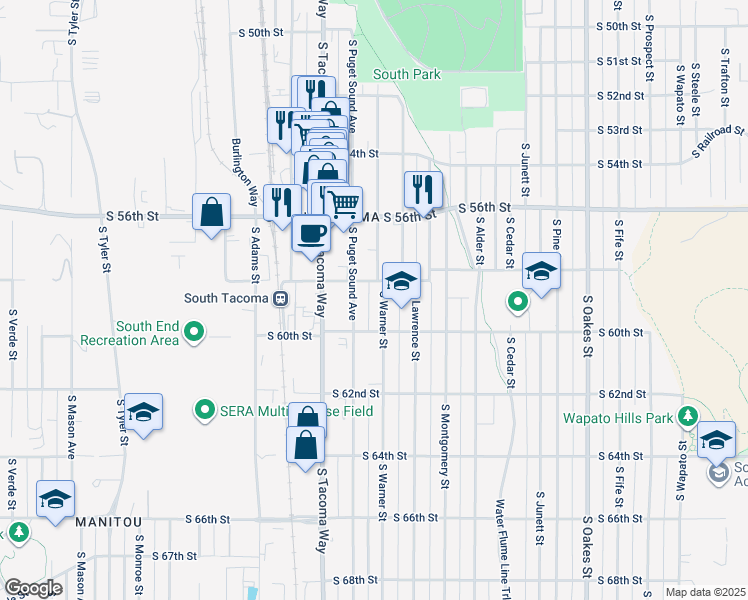 map of restaurants, bars, coffee shops, grocery stores, and more near 5821 South Warner Street in Tacoma