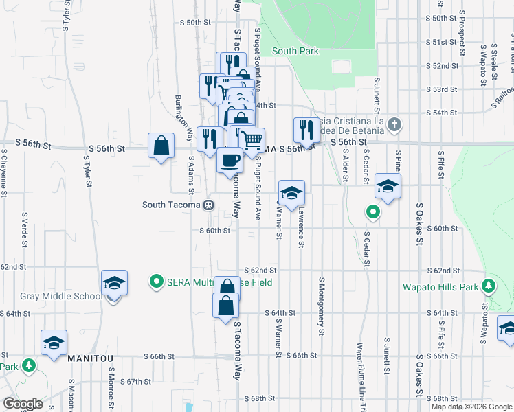map of restaurants, bars, coffee shops, grocery stores, and more near in Tacoma