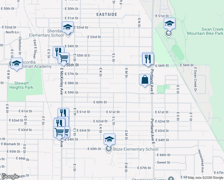 map of restaurants, bars, coffee shops, grocery stores, and more near 1202 East 59th Street in Tacoma