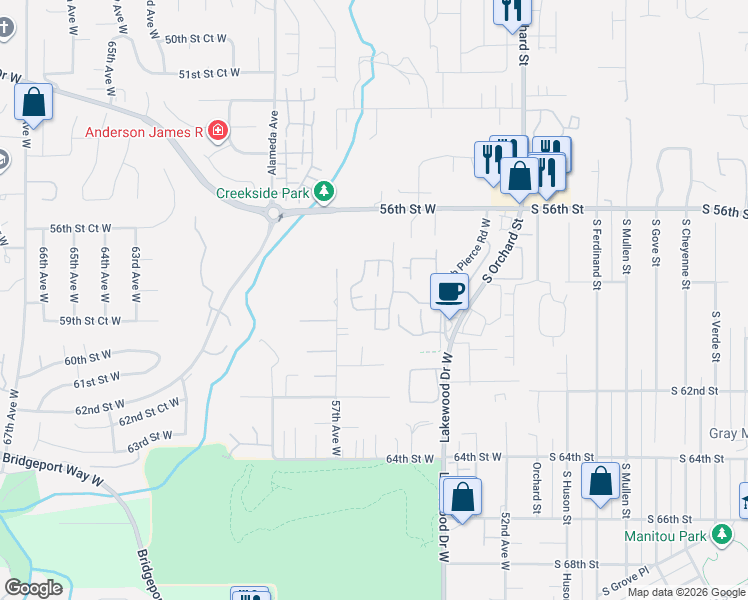 map of restaurants, bars, coffee shops, grocery stores, and more near 5726 59th Street Court West in University Place