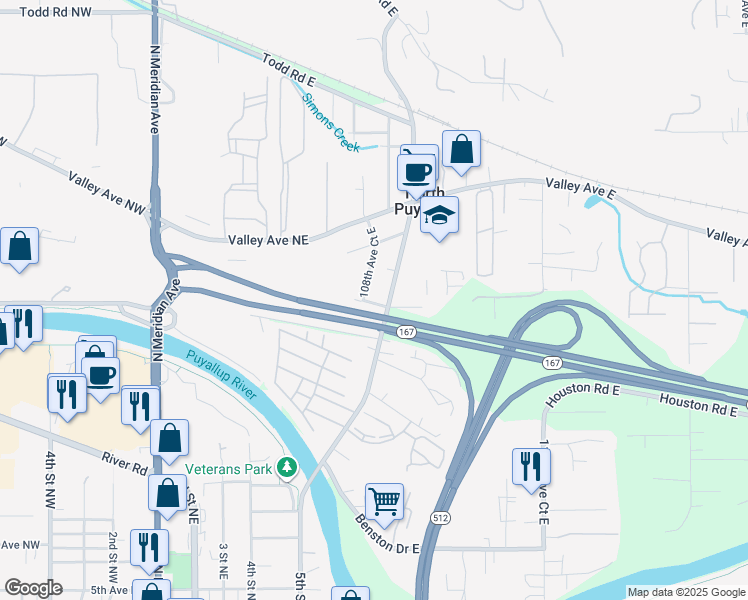 map of restaurants, bars, coffee shops, grocery stores, and more near 10822 58th Street Court East in Puyallup