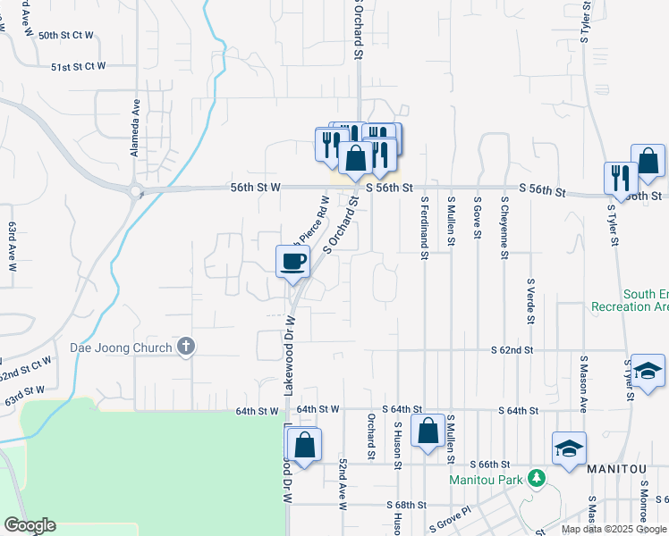 map of restaurants, bars, coffee shops, grocery stores, and more near 5801 South Orchard Street in Tacoma
