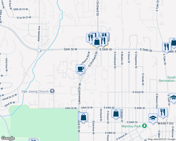 map of restaurants, bars, coffee shops, grocery stores, and more near 5801 South Orchard Street in Tacoma