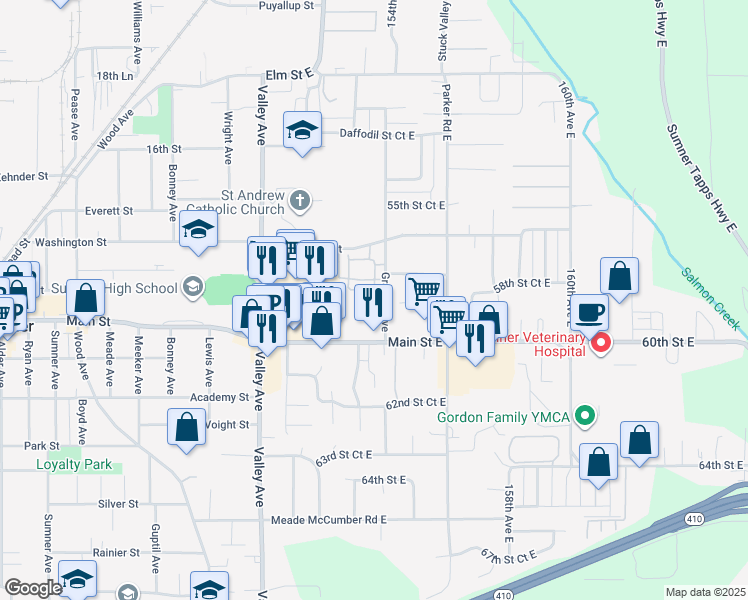 map of restaurants, bars, coffee shops, grocery stores, and more near 5418 Graham Avenue in Sumner
