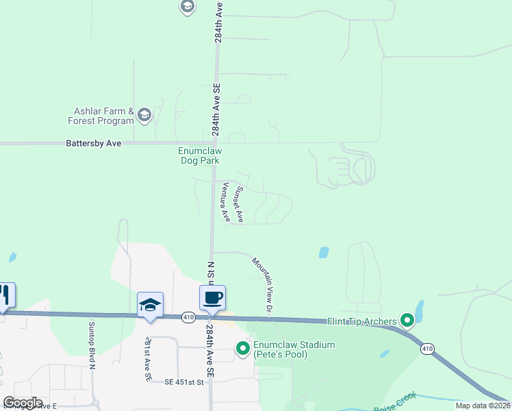 map of restaurants, bars, coffee shops, grocery stores, and more near 2230 Estero Avenue in Enumclaw