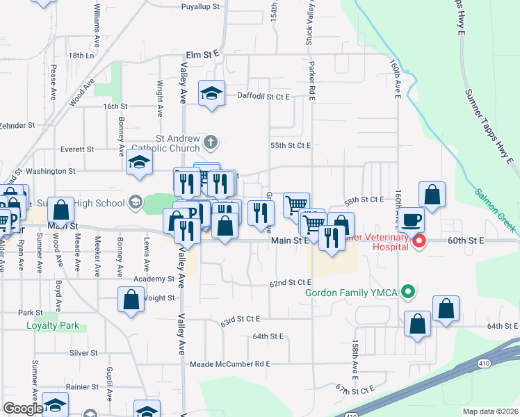 map of restaurants, bars, coffee shops, grocery stores, and more near 5418 Graham Avenue in Sumner