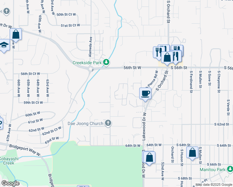 map of restaurants, bars, coffee shops, grocery stores, and more near 5913 57th Avenue West in Tacoma