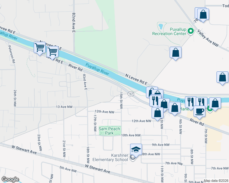 map of restaurants, bars, coffee shops, grocery stores, and more near 1408 15th Street Northwest in Puyallup