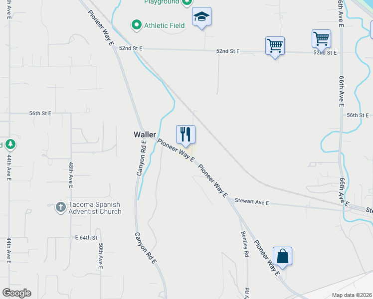 map of restaurants, bars, coffee shops, grocery stores, and more near 5466 Pioneer Way East in Puyallup