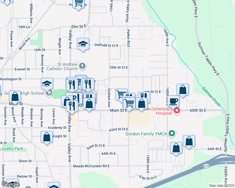 map of restaurants, bars, coffee shops, grocery stores, and more near 5820 March Lane in Sumner