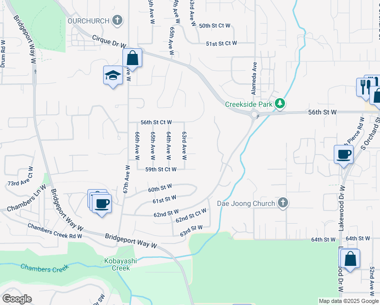map of restaurants, bars, coffee shops, grocery stores, and more near 6219 59th Street Court West in Tacoma