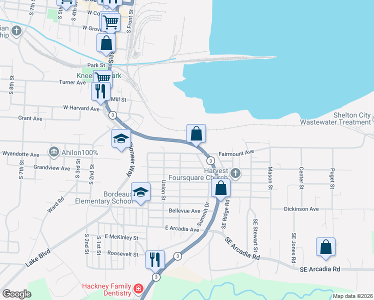 map of restaurants, bars, coffee shops, grocery stores, and more near 1320 Division Street in Shelton