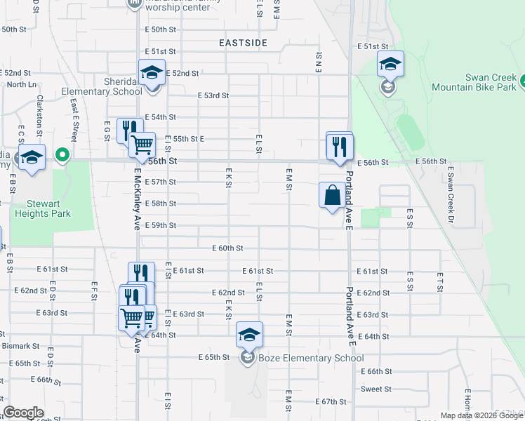 map of restaurants, bars, coffee shops, grocery stores, and more near 1202 East 59th Street in Tacoma
