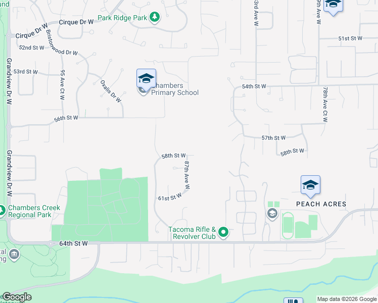 map of restaurants, bars, coffee shops, grocery stores, and more near 5807 87th Avenue West in Tacoma