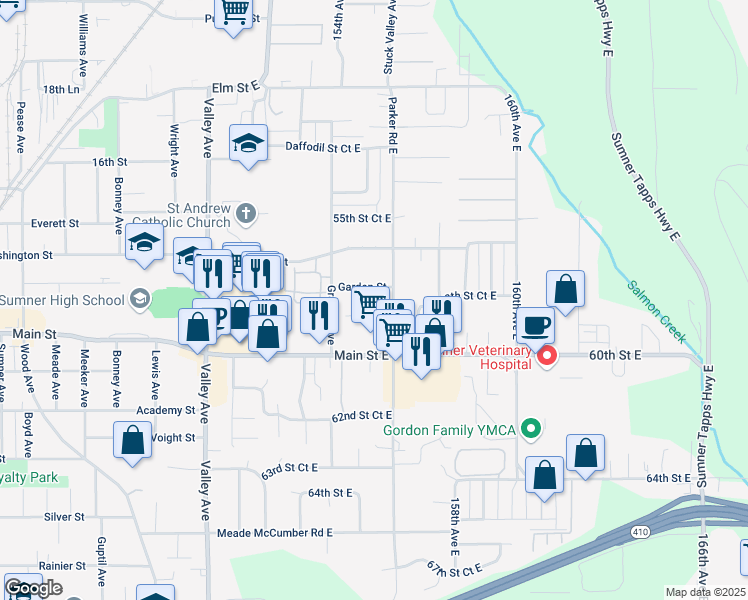 map of restaurants, bars, coffee shops, grocery stores, and more near 15421 Garden Street in Sumner