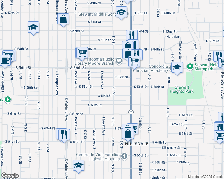 map of restaurants, bars, coffee shops, grocery stores, and more near 239 South 58th Street in Tacoma