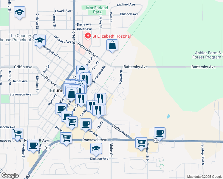 map of restaurants, bars, coffee shops, grocery stores, and more near 931 Washington Avenue in Enumclaw