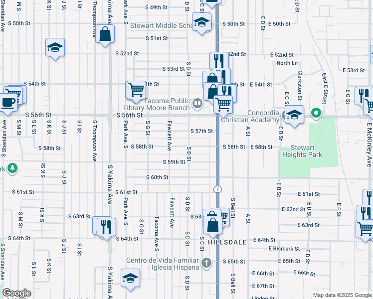 map of restaurants, bars, coffee shops, grocery stores, and more near 239 South 58th Street in Tacoma