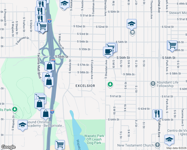 map of restaurants, bars, coffee shops, grocery stores, and more near 1429 South 58th Street in Tacoma